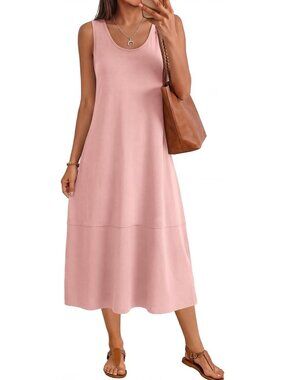 Women's Pink Cotton Midi Sleeveless Dress Trendy Beach Casual Long Sundress